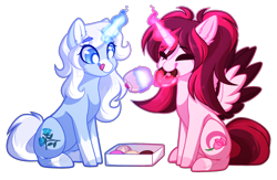 Size: 2000x1300 | Tagged: safe, artist:purplegrim40, derpibooru import, oc, oc only, alicorn, pony, alicorn oc, donut, duo, eating, female, food, glowing, glowing horn, horn, licking, licking lips, magic, mare, smiling, telekinesis, tongue, tongue out, wings