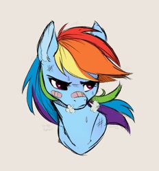 Size: 1656x1784 | Tagged: safe, artist:nettlemoth, derpibooru import, rainbow dash, pony, bandaid, bust, scuff mark, simple background, sketch, snorting, solo, sweat