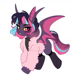 Size: 1280x1360 | Tagged: safe, artist:kusacakusaet, derpibooru import, oc, oc only, bat pony, pony, bat pony oc, bat wings, blushing, clothes, deviantart watermark, eyebrow piercing, female, fishnet stockings, frown, looking at you, mare, obtrusive watermark, piercing, simple background, solo, walking, watermark, white background, wings