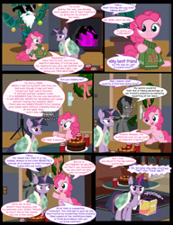 Size: 1042x1358 | Tagged: safe, artist:dendoctor, derpibooru import, doctor whooves, mean twilight sparkle, pinkie pie, twilight sparkle, twilight sparkle (alicorn), alicorn, earth pony, pegasus, pony, comic:clone.., g4, alcohol, alternate universe, bauble, black forest cake, blanket, blushing, cactus, cake, christmas, christmas lights, clone, clothes, comic, decoration, discord whooves, discorded whooves, drunk, female, fire, fireplace, folder, food, glass, glowing, glowing horn, hat, hearth's warming eve, holiday, horn, magic, male, mare, pinkie clone, santa beard, santa hat, stallion, sunglasses, sweater, telekinesis, the doctor, wreath