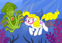 Size: 1300x900 | Tagged: safe, artist:sketchyjackie, derpibooru import, edit, surprise, earth pony, pony, squid, g1, g4, 1000 hours in ms paint, adoraprise, bubble, coral, cute, dive mask, diving, earth pony surprise, female, g1 to g4, generation leap, goggles, mare, ms paint, ocean, race swap, seaweed, underwater, underwater surprise, water