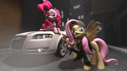Size: 1920x1080 | Tagged: safe, derpibooru import, fluttershy, pinkie pie, earth pony, pegasus, pony, 3d, audi, cap, car, clothes, gun, hat, jacket, looking at you, night, smiling, street, weapon