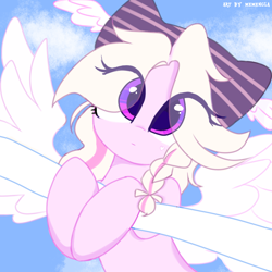 Size: 1280x1280 | Tagged: safe, artist:memengla, derpibooru import, oc, oc:pink butterfly, pegasus, pony, braided ponytail, cloud, cute, female, looking at you, mare