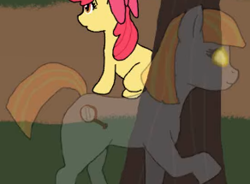 Size: 292x215 | Tagged: safe, artist:fangasmic, derpibooru import, edit, apple bloom, oc, oc:ruby, oc:ruby (story of the blanks), earth pony, ghost, ghost pony, pony, bow, cropped, everfree forest, female, filly, foal, forest, glowing, glowing eyes, hair bow, magnifying glass, mare, raised hoof, raised leg, sitting, story of the blanks, tree, youtube link
