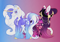 Size: 3463x2438 | Tagged: safe, artist:faunahoof, derpibooru exclusive, derpibooru import, oc, oc only, oc:blizzard solstice, oc:tyrian eventide, earth pony, pony, unicorn, colored hooves, curled horns, duo, duo female, ear fluff, ear piercing, earring, ears, earth pony oc, facing away, female, goat horns, gold hooves, golden eyes, gradient background, gradient mane, hair over one eye, hooves, horn, horns, jewelry, leopard print, lipstick, long mane, long tail, looking at you, piercing, regalia, siblings, sisters, stripes, tiger stripes, unicorn oc, unshorn fetlocks, yellow sclera