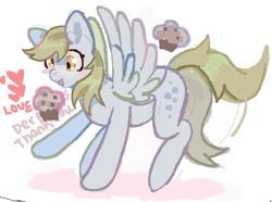 Size: 933x695 | Tagged: safe, artist:cupidmotel, derpibooru import, derpy hooves, pegasus, pony, derp, female, food, heart, mare, muffin, raised hoof, raised leg, simple background, solo, spread wings, tail, tail wag, white background, wings