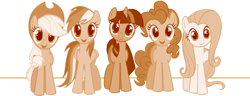 Size: 768x296 | Tagged: safe, derpibooru import, edit, applejack, fluttershy, pinkie pie, rainbow dash, twilight sparkle, unicorn twilight, earth pony, pegasus, pony, unicorn, suited for success, applejack's hat, background pony rarity, clothes, cowboy hat, female, hat, horn, mane five, mare, sepia, simple background, smiling, transparent background, wings