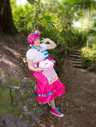 Size: 600x800 | Tagged: safe, artist:tamakatx, derpibooru import, pinkie pie, human, 2015, clothes, converse, cosplay, costume, dress, gala dress, irl, irl human, photo, shoes, sneakers, solo