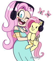 Size: 600x691 | Tagged: safe, artist:phuijl, derpibooru import, fluttershy, human, pegasus, pony, 2021, breasts, cleavage, clothes, commission, female, flutterchan, headphones, holding a pony, hootershy, human ponidox, mare, one eye closed, open mouth, open smile, self paradox, self ponidox, simple background, smiling, white background