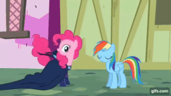 Size: 640x360 | Tagged: safe, derpibooru import, screencap, pinkie pie, rainbow dash, earth pony, pegasus, pony, season 2, the mysterious mare do well, animated, blinking, duo, female, gif, gifs.com, mare, nose in the air, open mouth, pinkie being pinkie