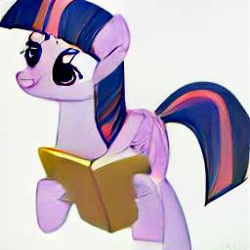 Size: 256x256 | Tagged: safe, derpibooru import, machine learning generated, twilight sparkle, pony, book, bookhorse, dall·e mini, female, mare, nightmare fuel, reading, simple background, smiling, solo