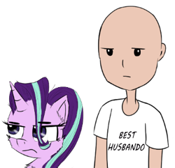 Size: 362x349 | Tagged: safe, artist:chopsticks, derpibooru import, edit, starlight glimmer, oc, oc:richard, human, pony, unicorn, clothes, cropped, female, frown, male, mare, shirt, simple background, starlight glimmer is not amused, text, unamused, white background