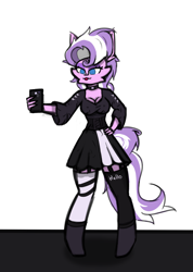 Size: 2302x3240 | Tagged: safe, artist:toxinagraphica, derpibooru import, diamond tiara, anthro, unguligrade anthro, :3, :p, alternate hairstyle, blouse, breasts, cellphone, cheek fluff, clothes, collar, corset, ear fluff, ears, eyelashes, eyeshadow, female, fluffy, high res, makeup, mare, phone, shoes, signature, skirt, smartphone, smiling, socks, solo, stockings, suspenders, text, thigh highs, tongue, tongue out