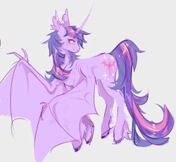 Size: 1115x1028 | Tagged: safe, artist:costly, derpibooru import, twilight sparkle, twilight sparkle (alicorn), alicorn, bat pony, bat pony alicorn, pony, bat ponified, bat wings, female, gray background, horn, mare, race swap, simple background, solo, twibat, wings