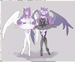 Size: 2064x1696 | Tagged: safe, artist:costly, derpibooru import, midnight sparkle, twilight sparkle, equestria girls, clothes, dress, eyes closed, female, horn, ponied up, white wings, wings