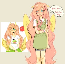 Size: 910x896 | Tagged: safe, artist:costly, derpibooru import, fluttershy, human, clothes, eye clipping through hair, female, humanized, simple background, solo, speech bubble, winged humanization, wings