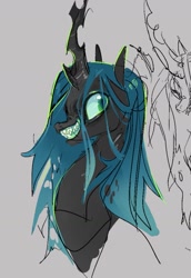 Size: 1055x1535 | Tagged: safe, artist:costly, derpibooru import, queen chrysalis, changeling, changeling queen, bust, female, gray background, mare, simple background, solo