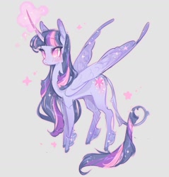 Size: 985x1032 | Tagged: safe, artist:costly, derpibooru import, twilight sparkle, twilight sparkle (alicorn), alicorn, pony, female, glowing, glowing horn, gray background, horn, leonine tail, magic, magic aura, mare, simple background, solo, tail, wings