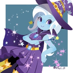 Size: 766x766 | Tagged: safe, artist:efuji_d, derpibooru import, trixie, equestria girls, boots, brooch, cape, clothes, cute, diatrixes, eyelashes, female, hand on hip, hat, jewelry, magic wand, shoes, simple background, skirt, smiling, solo, stars, trixie's brooch, trixie's cape, trixie's hat, white background