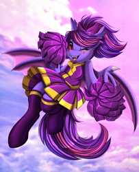 Size: 2850x3509 | Tagged: safe, artist:pridark, derpibooru import, oc, oc only, bat pony, pony, bat pony oc, cheerleader, cheerleader outfit, clothes, commission, female, high res, one eye closed, open mouth, pom pom, skirt, solo, wink