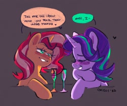 Size: 2048x1707 | Tagged: safe, artist:goshhhh, derpibooru import, starlight glimmer, sunset shimmer, pony, unicorn, alcohol, blushing, dialogue, drunk, female, glass, go home you're drunk, lesbian, shimmerglimmer, shipping, simple background, speech bubble, wine glass