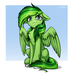 Size: 3000x3000 | Tagged: safe, artist:setharu, derpibooru import, oc, oc only, pegasus, pony, :3, chest fluff, ears, floppy ears, looking at you, sitting, smiling, smiling at you, solo, spread wings, wings