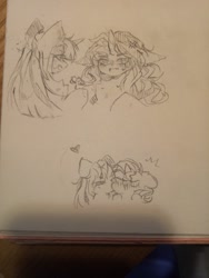 Size: 1560x2080 | Tagged: safe, artist:sugarcloud59, derpibooru import, oc, oc only, pony, unicorn, blushing, cross-popping veins, female, flower, kissing, lesbian, oc x oc, photo, shipping, sketch, traditional art