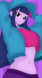 Size: 3000x5456 | Tagged: safe, artist:milkyboo898, derpibooru import, twilight sparkle, equestria girls, arm behind head, breasts, clothes, female, hat, headlight sparkle, jacket, midriff, outfit, soft color, solo, watermark