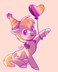 Size: 1638x2048 | Tagged: safe, artist:funkyfurs, derpibooru import, oc, oc only, oc:cookie malou, earth pony, pony, balloon, birthday, earth pony oc, female, hat, headphones, nonbinary pride flag, party hat, pride, pride flag, simple background, solo, unshorn fetlocks
