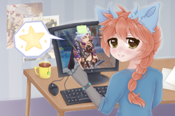 Size: 3000x2000 | Tagged: safe, artist:saltyvity, derpibooru import, oc, human, robot, unicorn, anime style, blue background, computer, cute, ears, floppy ears, food, genshin impact, golden eyes, horns, humanized, long hair, pc game, sheet, simple background, solo, stars, table, tea