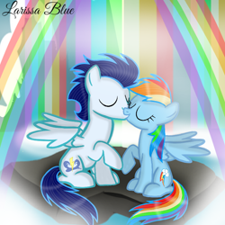 Size: 720x720 | Tagged: safe, artist:mlplary6, derpibooru import, rainbow dash, soarin', pegasus, pony, eyes closed, female, kissing, male, mare, raised hoof, raised leg, rock, shipping, sitting, soarindash, stallion, straight, wings, winsome falls