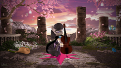 Size: 3840x2160 | Tagged: safe, artist:laylahorizonsfm, derpibooru import, octavia melody, butterfly, earth pony, pony, 3d, applejack's hat, background pony, bipedal, book, cello, cherry blossoms, clothes, cowboy hat, crystal, cutie mark, daring do and the quest for the sapphire stone, female, flower, flower blossom, hat, implied mane six, lead pony badge, musical instrument, pinkie pie's cutie mark, scenery, solo, solo female, source filmmaker, twilight's cutie mark