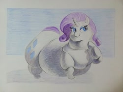 Size: 2575x1931 | Tagged: safe, artist:radicaldingus, derpibooru import, rarity, pony, unicorn, bingo wings, fat, female, high res, mare, morbidly obese, obese, raised leg, raritubby, solo, traditional art