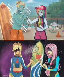 Size: 2924x3500 | Tagged: safe, artist:hikari_aoq, derpibooru import, applejack, fluttershy, rainbow dash, zephyr breeze, better together, blue crushed, equestria girls, ..., 2 panel comic, beach, clothes, comic, crack, cross-popping veins, female, geode of super speed, geode of super strength, high res, holding hands, implied appledash, implied lesbian, implied shipping, magical geodes, male, sleeveless, surfboard, swimsuit, wetsuit, wtf