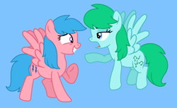 Size: 1323x812 | Tagged: safe, artist:jigglewiggleinthepigglywiggle, derpibooru import, firefly, medley, pegasus, pony, g1, g4, base used, best friends, blue background, blue eyes, blue hair, blue mane, blue tail, cute, duo, female, firefly is a tomboy, flyabetes, flying, friends, g1 to g4, generation leap, green hair, green mane, green tail, grin, lidded eyes, mare, medley can fly, medley is a tomboy, medleybetes, pointing, purple eyes, raised arm, simple background, smiling, tail, talking, tomboy, varying degrees of want