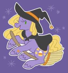 Size: 695x745 | Tagged: safe, artist:horseytown, derpibooru import, abra-ca-dabra, earth pony, pony, broom, flying, flying broomstick, hat, solo, witch hat