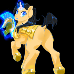 Size: 4000x4000 | Tagged: safe, artist:henyoki, derpibooru import, oc, oc only, pony, unicorn, armor, butt, curved horn, female, glowing, glowing horn, guardsmare, helmet, horn, mare, plot, royal guard, solo, unicorn oc