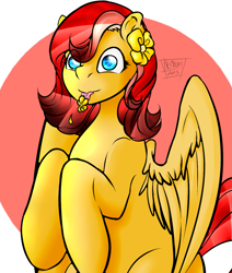 Size: 1241x1465 | Tagged: safe, artist:henyoki, derpibooru import, oc, oc only, pegasus, pony, female, flower, flower in hair, pegasus oc, tongue, tongue out