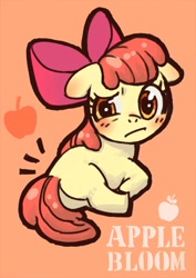 Size: 550x776 | Tagged: safe, artist:yanamosuda, derpibooru import, apple bloom, earth pony, pony, blank flank, bloom butt, blushing, butt, ears, female, filly, floppy ears, foal, orange background, simple background, solo