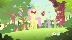 Size: 1280x720 | Tagged: safe, derpibooru import, screencap, fluttershy, butterfly, pegasus, pony, rabbit, season 1, the cutie mark chronicles, animal, cute, eyes closed, female, filly, filly fluttershy, foal, funny, funny as hell, hilarious, nose in the air, open mouth, shyabetes, singing, smiling, so many wonders, uvula, volumetric mouth, younger