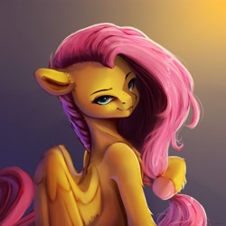 Size: 4000x4000 | Tagged: safe, artist:miokomata, derpibooru import, fluttershy, pegasus, pony, colored hooves, cute, cute little fangs, fangs, female, freckles, freckleshy, gradient background, grin, head turn, looking at you, looking back, looking back at you, mare, side view, smiling, smiling at you, solo