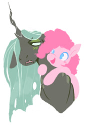 Size: 545x800 | Tagged: safe, artist:bananasmores, derpibooru import, pinkie pie, queen chrysalis, changeling, changeling queen, earth pony, pony, female, simple background, white background