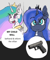 Size: 2100x2492 | Tagged: safe, artist:reddthebat, derpibooru import, princess celestia, princess luna, alicorn, pony, crown, ear fluff, ears, female, glock, glock 19, gun, handgun, jewelry, mare, meme, pistol, ponified, ponified meme, regalia, royal sisters, siblings, sisters, weapon