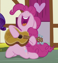 Size: 450x484 | Tagged: safe, derpibooru import, screencap, pinkie pie, earth pony, honest apple, cropped, guitar, musical instrument, nose in the air, open mouth, solo