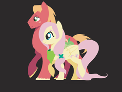 Size: 400x300 | Tagged: safe, artist:camsdart, derpibooru import, edit, big macintosh, fluttershy, earth pony, pegasus, pony, alternate hairstyle, bandana, black background, cropped, duo, duo male and female, female, fluttermac, hair tie, male, mare, missing accessory, shipping, simple background, smiling, stallion, straight, walking