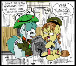 Size: 1024x889 | Tagged: safe, artist:bobthedalek, derpibooru import, oc, oc:bubble pump, oc:clippy ticket, earth pony, pegasus, pony, comic:trottingham transport, angry, bus, clothes, comic, female, flat tire, hat, male, mare, rain, speech bubble, stallion, sweater, umbrella, wet, wet mane