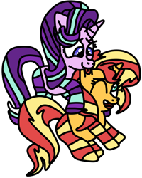 Size: 622x776 | Tagged: safe, artist:jadeharmony, derpibooru import, starlight glimmer, sunset shimmer, pony, unicorn, :p, clothes, cute, duo, female, hug, lesbian, mare, one eye closed, open mouth, shimmerglimmer, shipping, simple background, socks, striped socks, tongue, tongue out, transparent background, wink