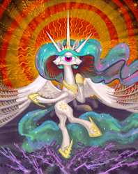 Size: 4242x5366 | Tagged: safe, artist:ja0822ck, derpibooru import, daybreaker, nightmare star, princess celestia, alicorn, pony, butt, dancing, female, fusion, janus, lightning, mare, merge, plot, solo, surreal