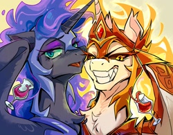 Size: 1445x1126 | Tagged: safe, artist:千雲九枭, derpibooru import, daybreaker, nightmare moon, alicorn, pony, alcohol, armor, chest fluff, duo, evil grin, evil sisters, female, glass, grin, lighting eyes, looking at you, mare, open mouth, siblings, sisters, smiling, tongue, tongue out, wine, wine glass