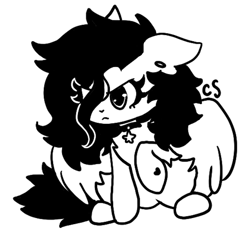 Size: 612x573 | Tagged: safe, artist:computershits, derpibooru import, oc, oc only, oc:ocean eyes, pegasus, pony, :<, :c, >:c, chest fluff, choker, ear fluff, ear piercing, earring, ears, eyelashes, eyeliner, female, fluffy, frown, heart, heart hoof, jewelry, makeup, mare, monochrome, piercing, simple background, solo, stars, underhoof, white background